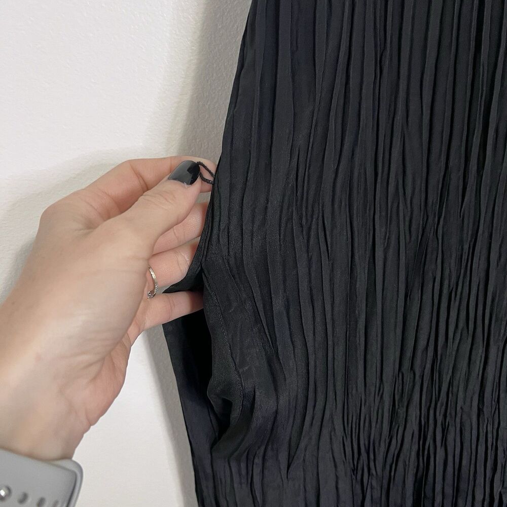 Vince Crushed Silk Black Midi Dress XS V Neck Pleated Minimalist Quiet Luxury - Picture 8 of 11